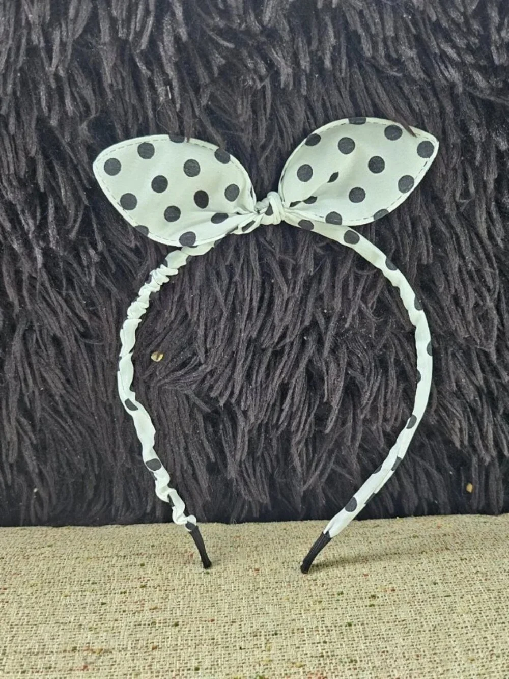 Girl Headband Bunny Ear White W/ Black Polka Dots Head Band New
